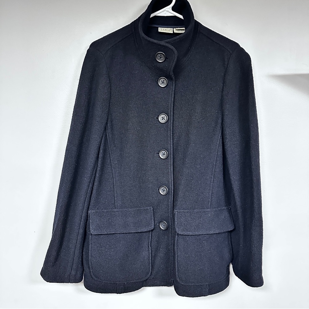 LL Bean dark navy boiled wool Four Pocket button front  pet jacket / pea coat M